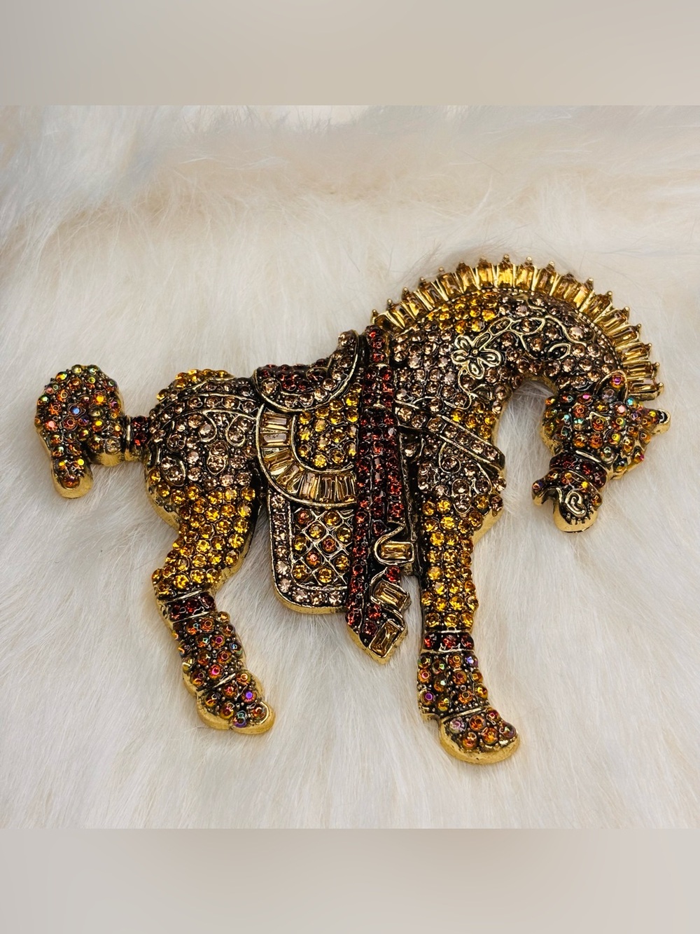 Large Jeweled Horse Brooch – Multicolor Rhinestone Gold Tone Statement Pin